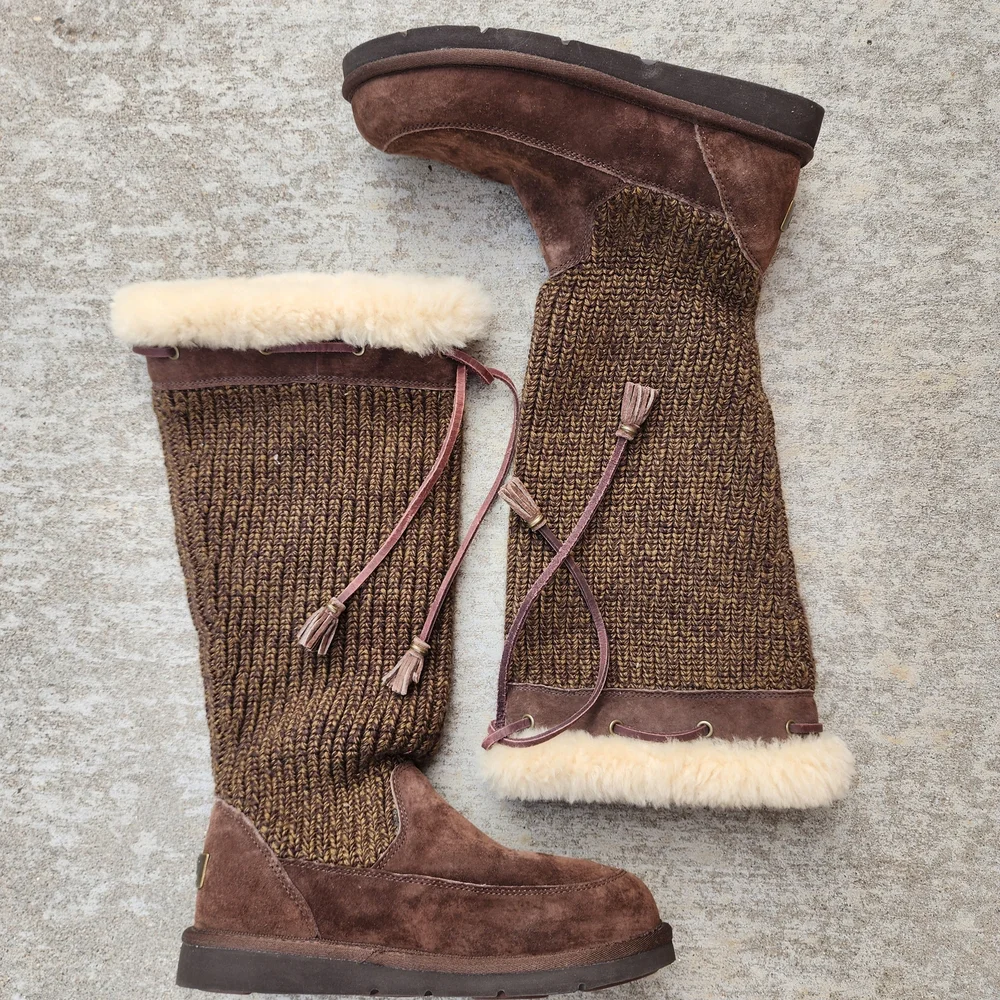 UGG Suburb Crochet Knit Tall Boots Women Size 8, Brown Leather Sheepskin